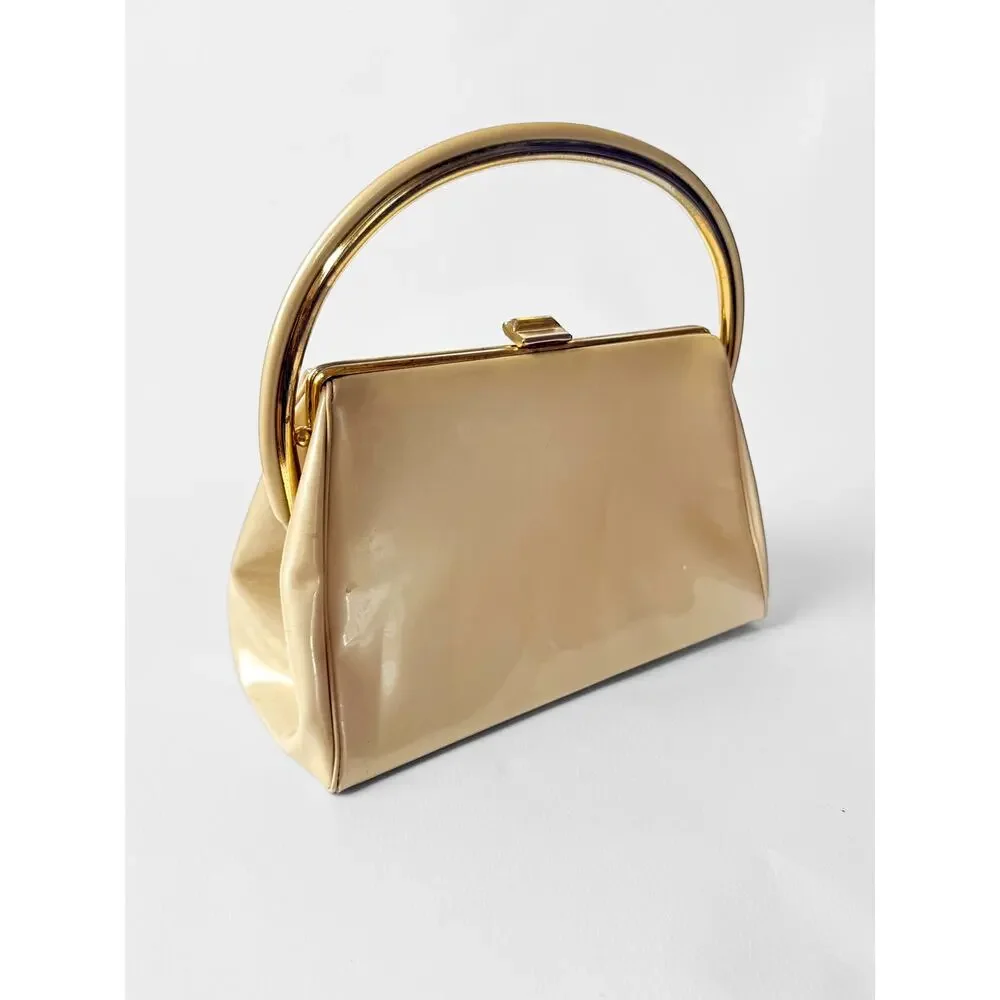50s Structured Box Bag Cream Vinyl Gorgeous Hardware Handle Mid-Century Mad Men